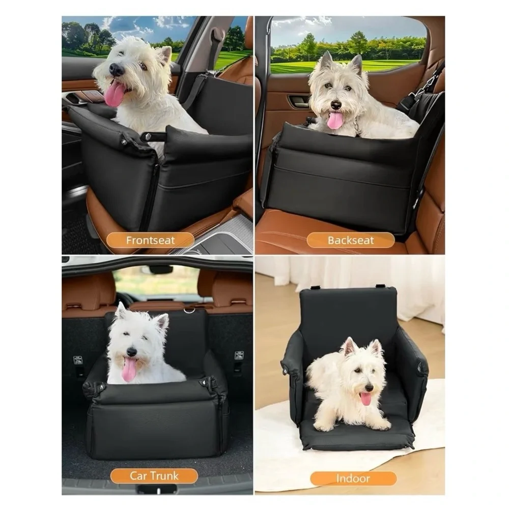 FAUX LEATHER DOG BOOSTER CAR SEAT WITH HARNESS AND BELT LEASH (UP TO 30 LBS)